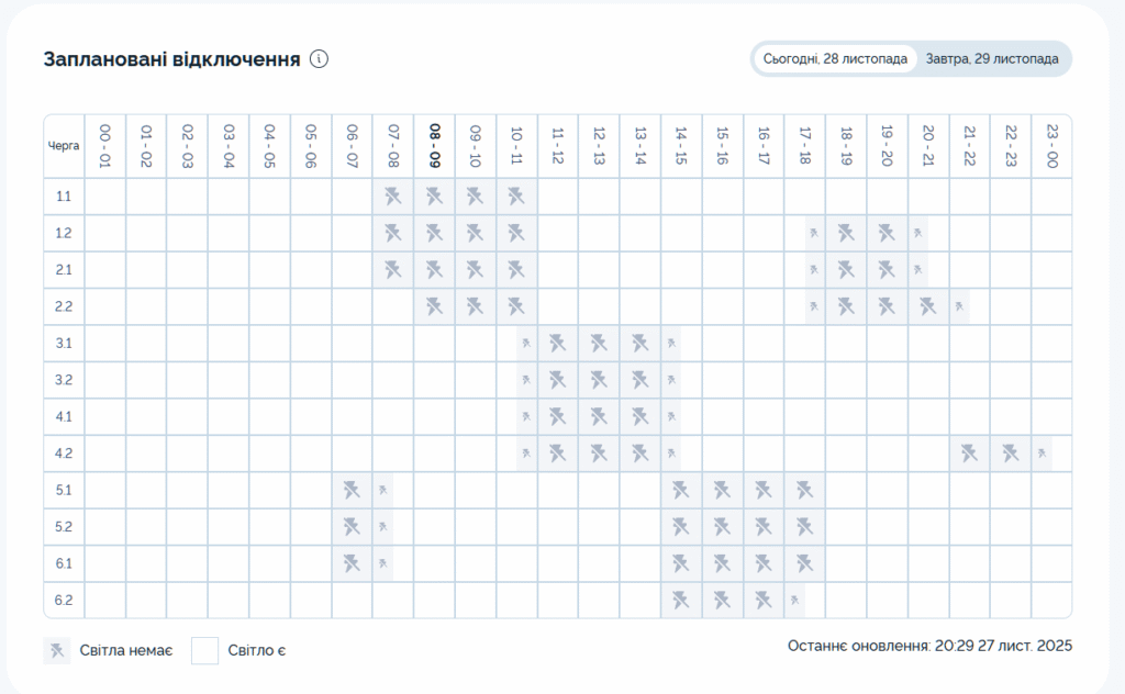 Графік відключення світла на 28 листопада 2025 у Києві: таблиця черг і часових інтервалів вимкнення електроенергії