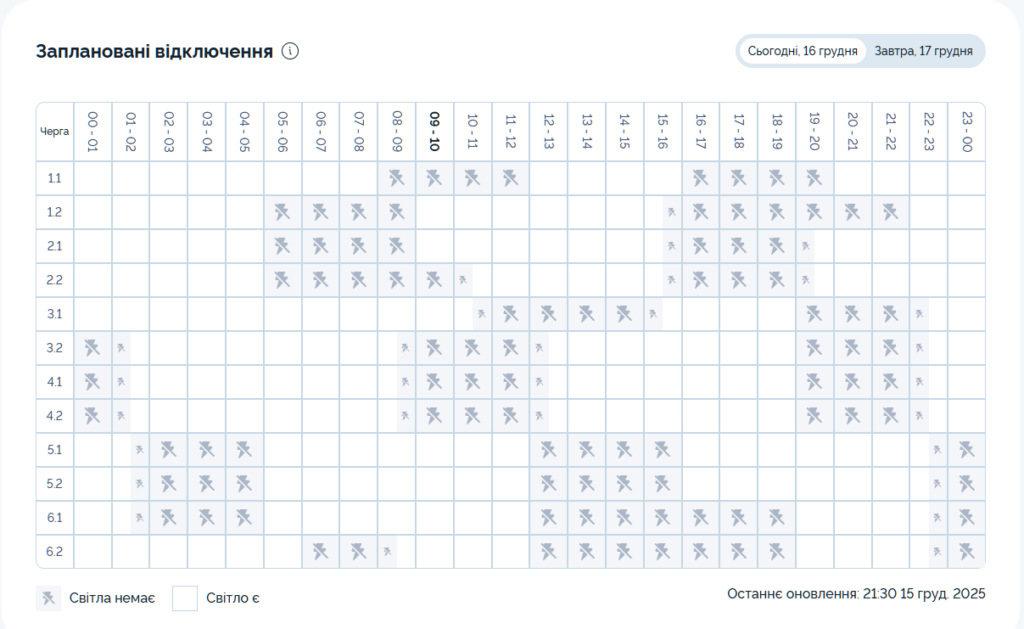 Графік відключення світла на 16 грудня 2025 у Києві: таблиця черг і часових інтервалів вимкнення електроенергії