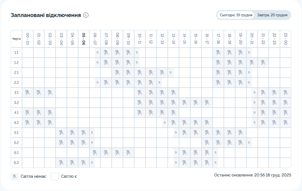 Графік відключення світла на 19 грудня 2025 у Києві: таблиця черг і часових інтервалів вимкнення електроенергії