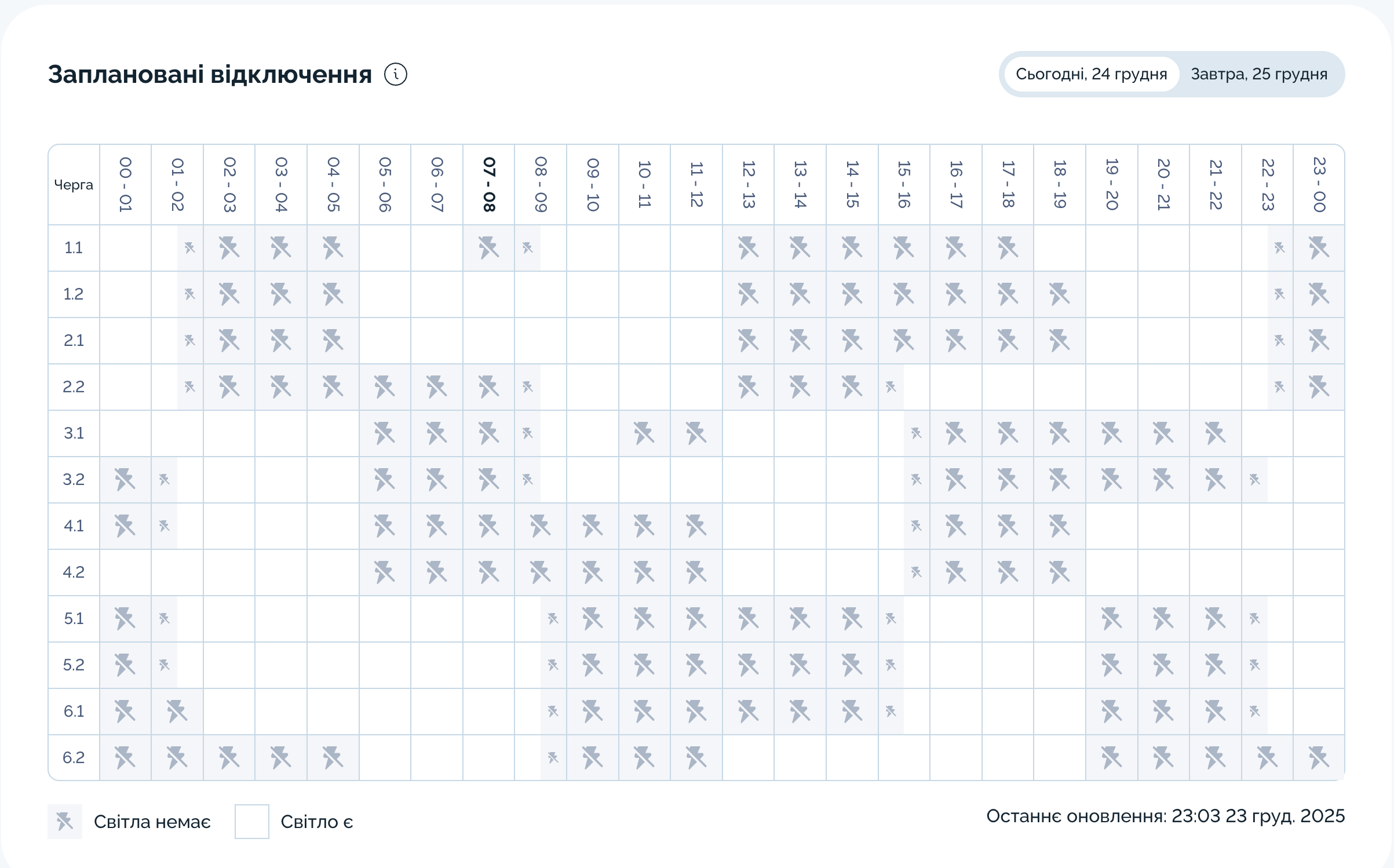 Графік відключення світла на 24.12.2025 у Дніпрі: таблиця черг і часових інтервалів