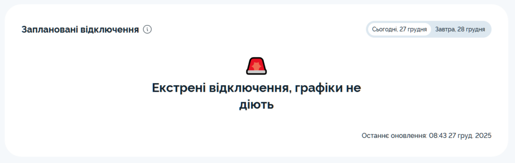 Екстренні відключення в Києві на 27.12.2025. Графіки не діють 
