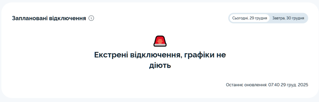 Екстренні відключення в Києві на 29.12.2025. Графіки не діють 