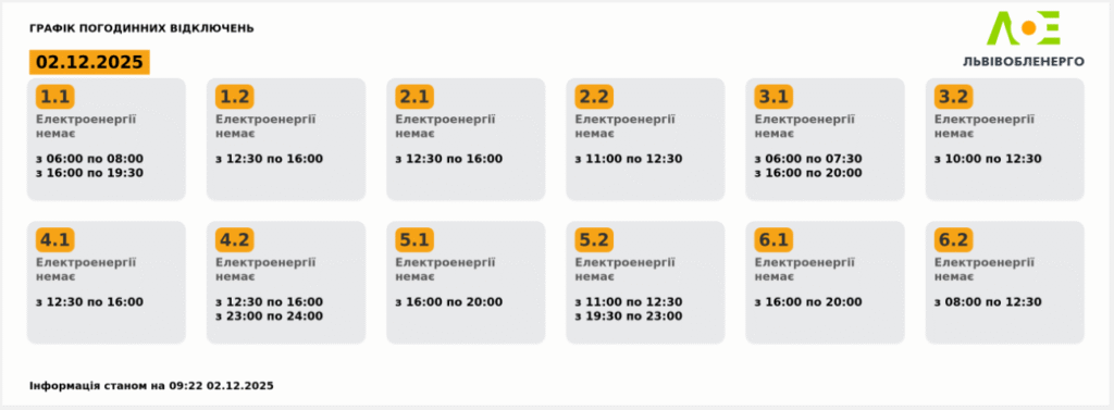 Графік відключення світла на 02.12.2025 у Львові: таблиця черг і годин відключень
