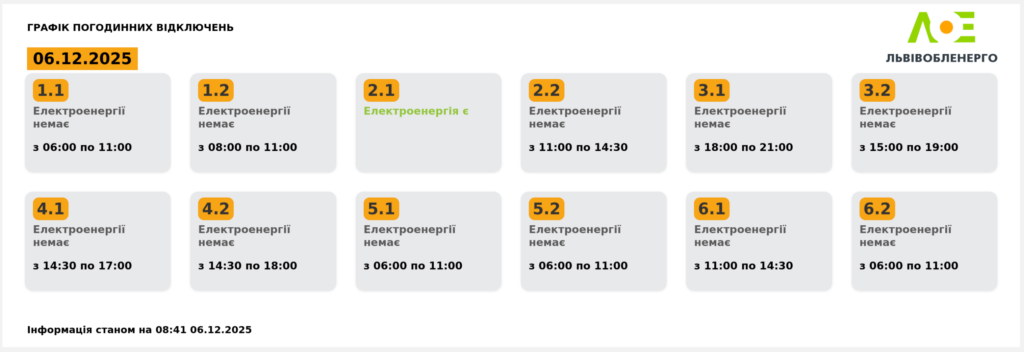 Графік відключення світла на 06.12.2025 у Львові: таблиця черг і годин відключень