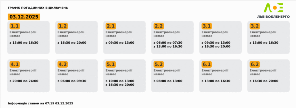 Графік відключення світла на 02.12.2025 у Львові: таблиця черг і годин відключень