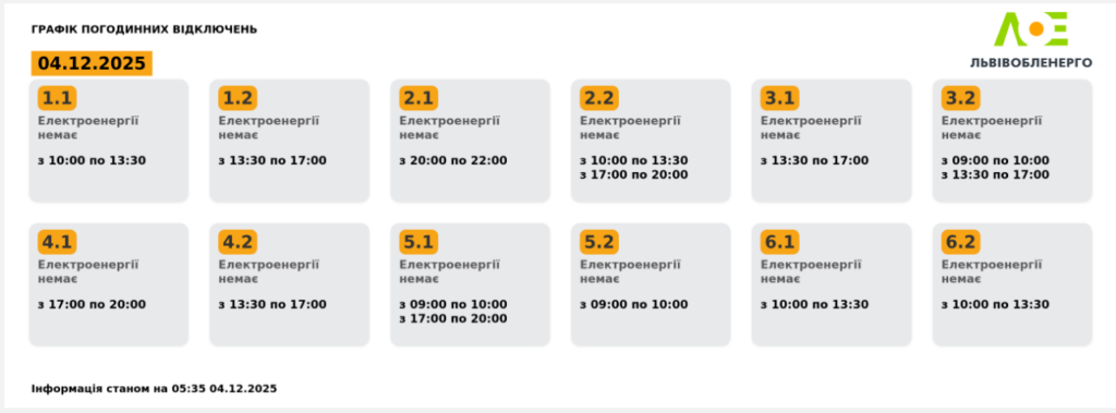 Графік відключення світла на 04.12.2025 у Львові: таблиця черг і годин відключень
