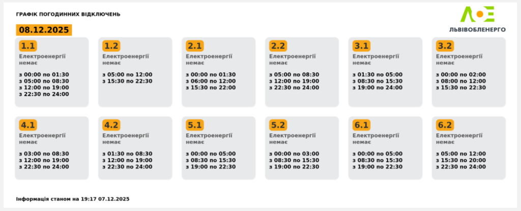 Графік відключення світла на 08.12.2025 у Львові: таблиця черг і годин відключень