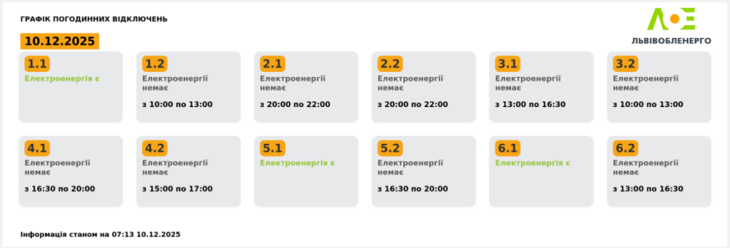 Графік відключення світла на 10.12.2025 у Львові: таблиця черг і годин відключень