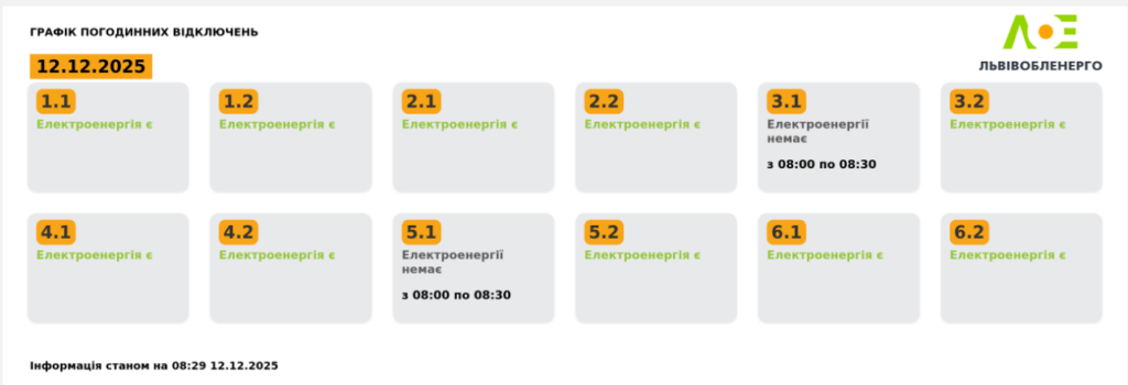 Графік відключення світла на 12.12.2025 у Львові: таблиця черг і годин відключень