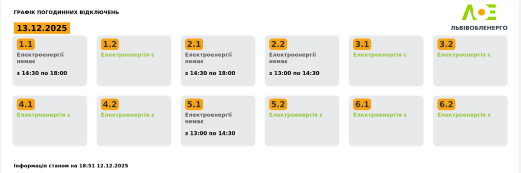 Графік відключення світла на 13.12.2025 у Львові: таблиця черг і годин відключень