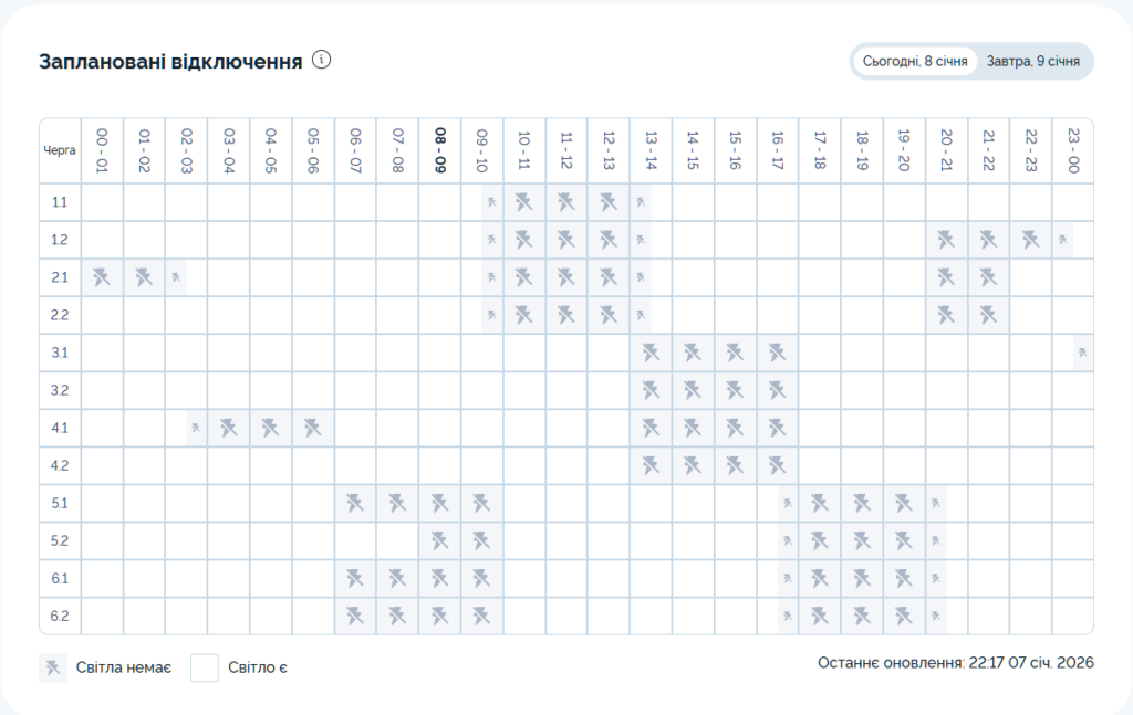 Графік відключення світла на 08.01.2026 у Києві: таблиця черг і часових інтервалів