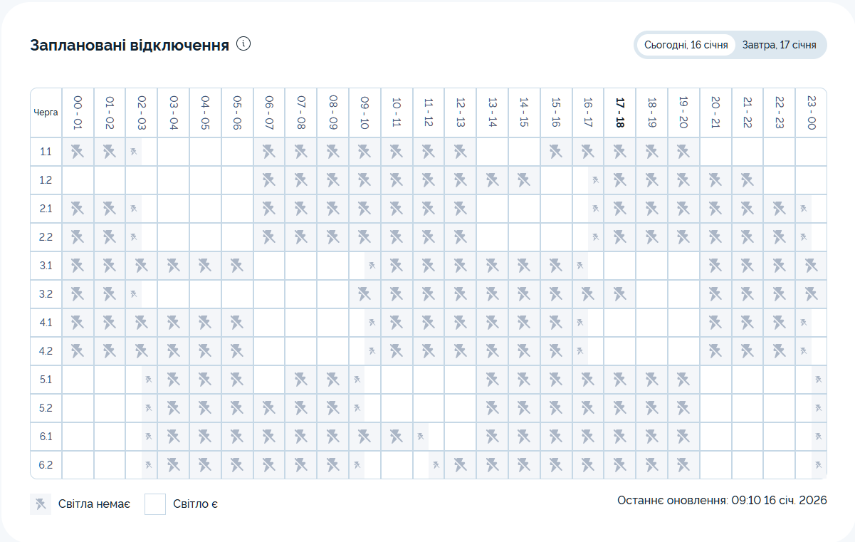 Графік відключення світла на 16.01.2026 у Дніпрі: таблиця черг і часових інтервалів