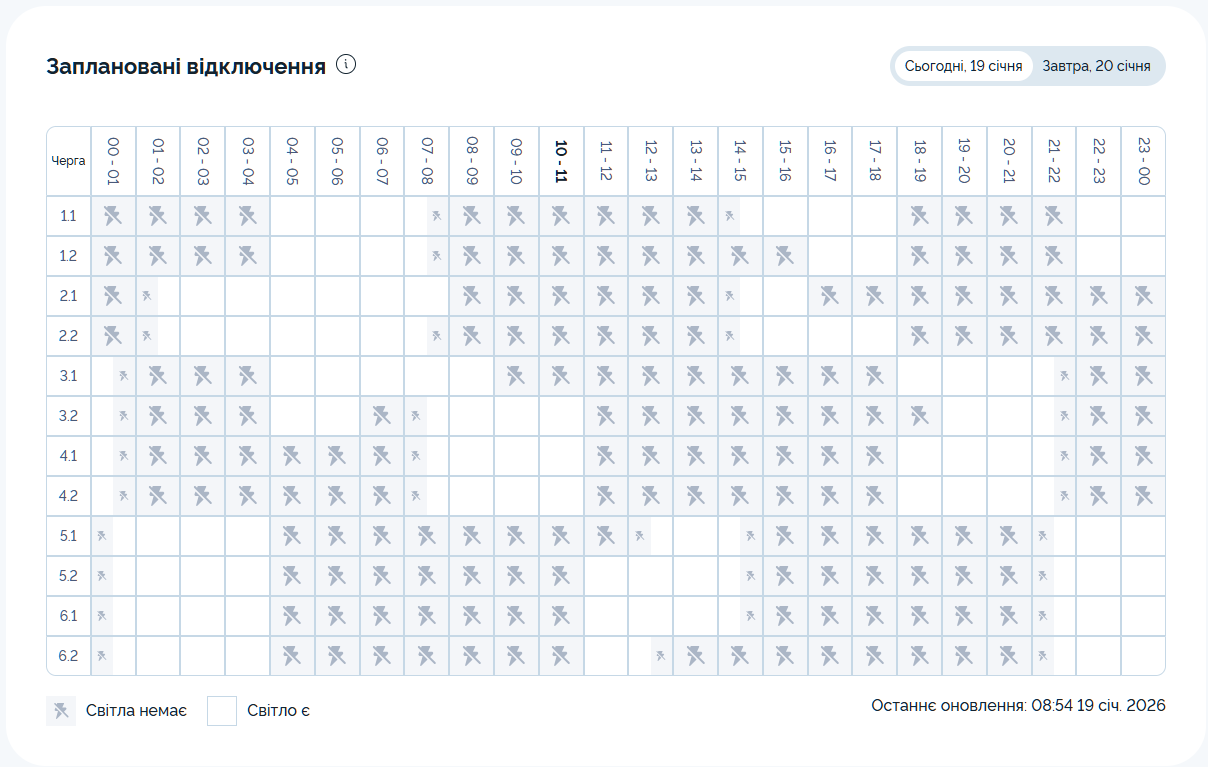 Графік відключення світла на 19.01.2026 у Дніпрі: таблиця черг і часових інтервалів