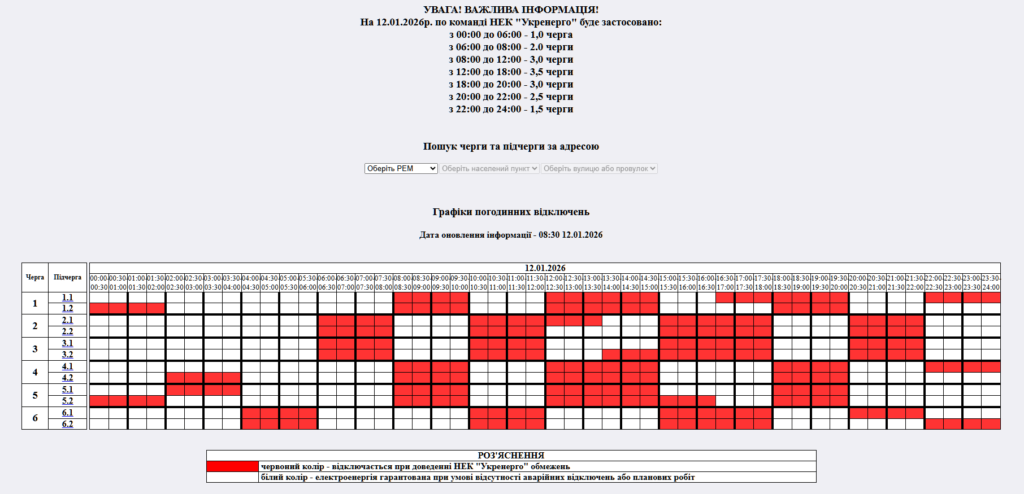 Графік відключення світла на 12.01.2026 у Житомирі: таблиця черг і часових інтервалів