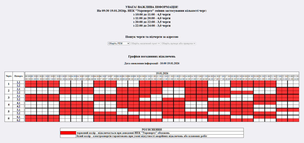 Графік відключення світла на 19.01.2026 у Житомирі: таблиця черг і часових інтервалів