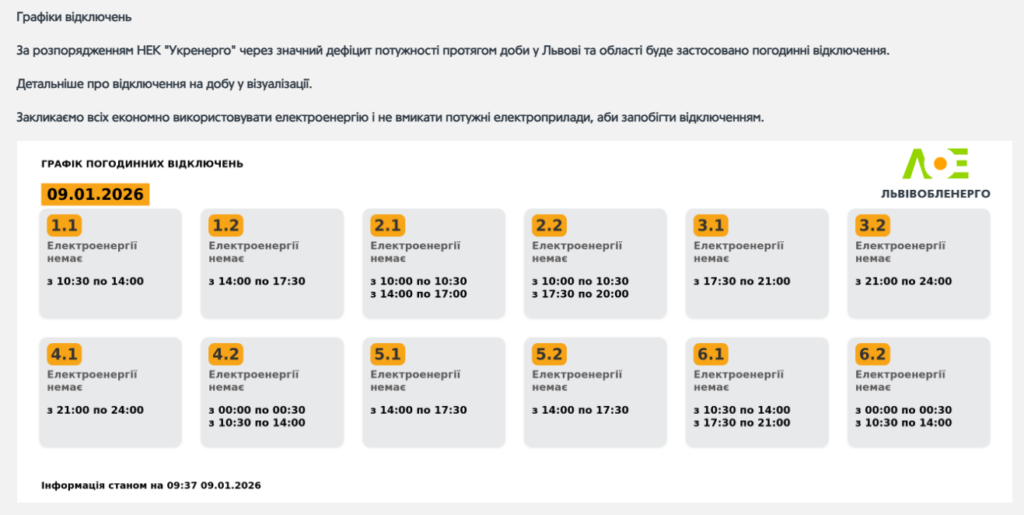 Графік відключення світла на 09.01.2026 у Львові: таблиця черг і часових інтервалів