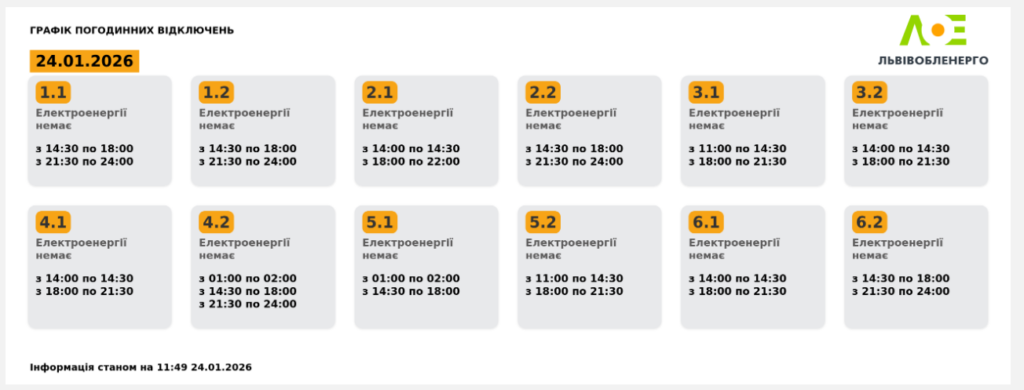 Графік відключення світла на 24.01.2026 у Львові: таблиця черг і часових інтервалів