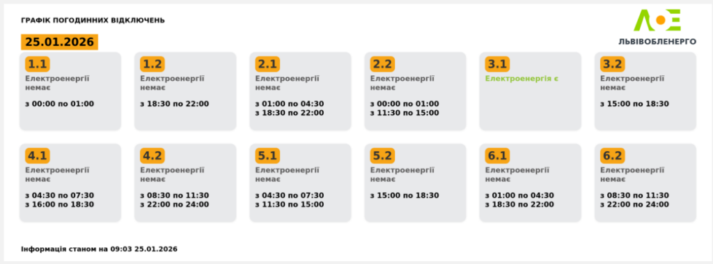 Графік відключення світла на 25.01.2026 у Львові: таблиця черг і часових інтервалів