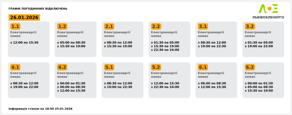 Графік відключення світла на 26.01.2026 у Львові: таблиця черг і часових інтервалів